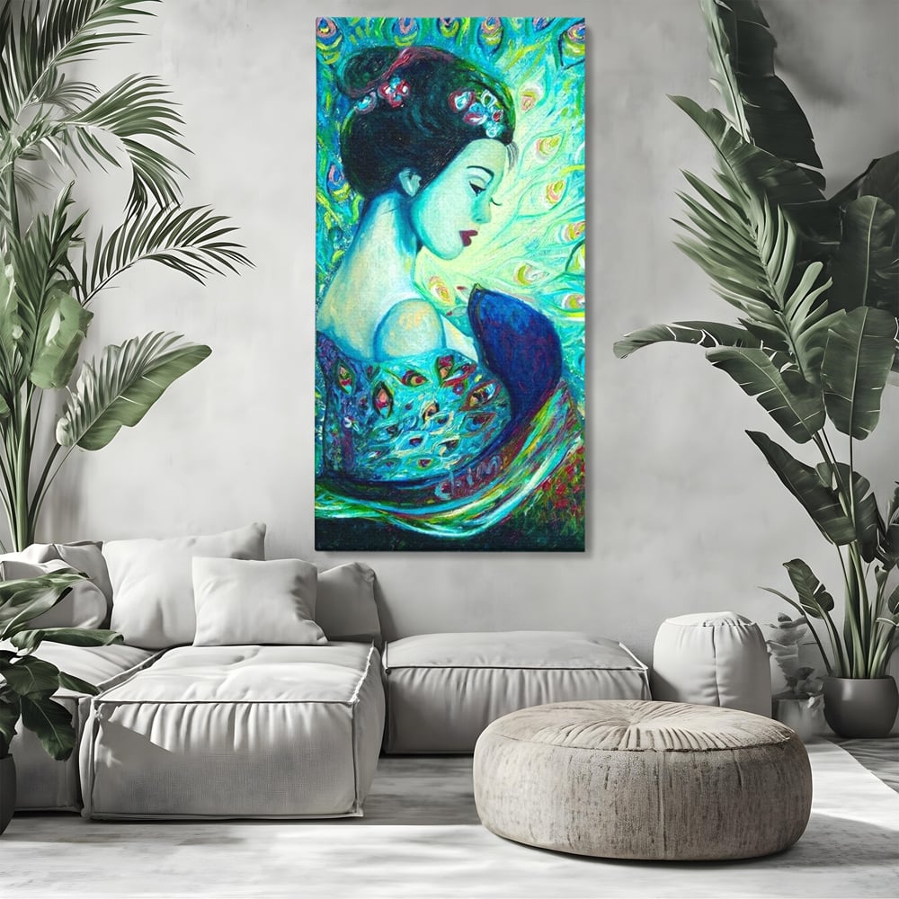 Tablou canvas cu pictura canvas portret de gheisa, fara rama, pe sasiu de lemn, pe perete intr-un living